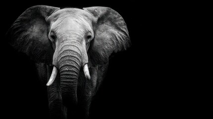 Striking monochrome portrait of an elephant with prominent tusks against a black background