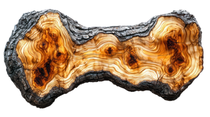 Cut tree section with rings and dark bark, resembling a bone