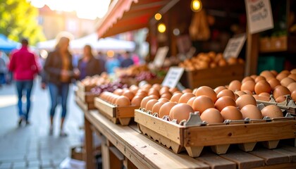 Fresh eggs at a bustling farmers market stall with sunny day, and blurred background.