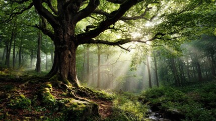Naklejka premium Sunlight Streams Through Lush Forest Trees