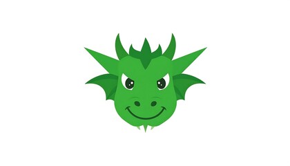 Fototapeta premium A cartoon dragon's head, depicted in bold green, with a mischievous expression, is centrally positioned against a stark white background.