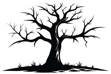 Striking Silhouette of a Bare Tree with Ground Vegetation in Black and White