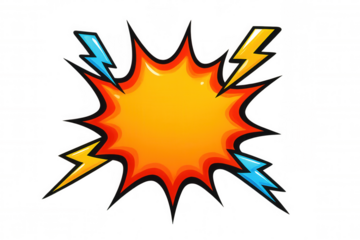 Vibrant orange comic explosion bursting with surrounding lightning on a transparent background, creating a dynamic and energetic visual impact
