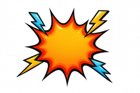 Vibrant orange comic explosion bursting with surrounding lightning on a transparent background, creating a dynamic and energetic visual impact