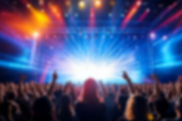 Fototapeta premium Blurred background rock concert with light background, concert in hall at night. people enjoying music performance in hall. musicians on the stage and spotlights with colored rays. concert and crowd.