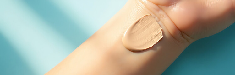 creamy foundation swatched skin placed soft blue backdrop bathed warm diffused natural light casts