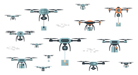 A fleet of autonomous delivery drones carrying packages in the sky. Flat vector illustration of future logistics and shipping technology