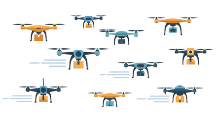 A fleet of unmanned aerial vehicles carrying packages for a modern express delivery service, presented in a flat vector illustration style