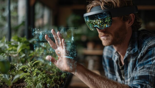 Man in VR glasses interacts with digital interface amidst greenery. Greenhouse setting