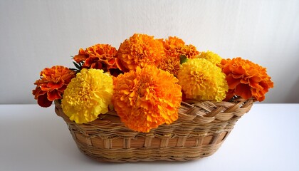 vibrant marigold flowers in shades of orange and yellow arranged in a woven wooden basket against a clean white background perfect for festivals