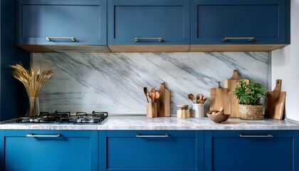 modern kitchen with marble countertop blue cabinets and wooden utensils