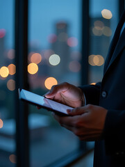 businessman hands tapping sleek digital tablet screen dimly lit office setting soft city lights glowing