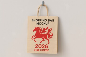 Beige shopping bag mockup featuring red fire horse celebrating 2026 chinese new year hanging on a wall