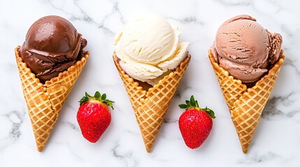 vanilla. Colorful ice cream in a waffle cone, a tempting and delightful dessert display. menu design, packaging mockups, designed for food delivery and cloud-kitchen brand materials.