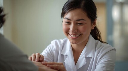 Embodying the spirit of humanity, a compassionate Asian female doctor provides gentle support and reassurance to her patient