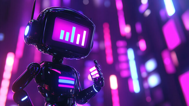 Digital Automation & Data Visualization: A futuristic robot, its display a glowing graph of data, confidently commands attention amidst an electrifying neon cityscape.