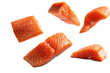 Flying salmon fish fillets isolated on transparent or white background, png