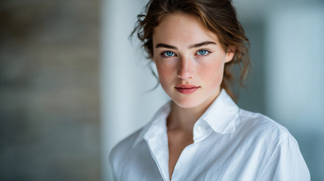 Elegant young woman facing forward, calm expression, white shirt in sharp focus, background gently blurred to enhance minimalist beauty
