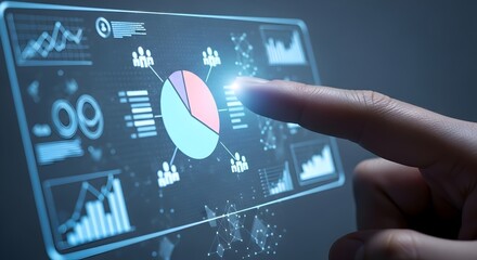Data Analysis Touchscreen Interaction: Close Up of Finger Tapping Pie Chart on Digital Display for Business Intelligence and Interactive Analytics