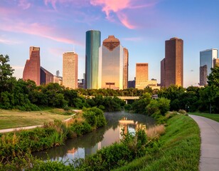 Obraz premium A tranquil parkland setting along a waterway with the Houston skyline in the background.