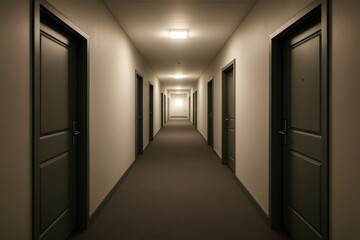 Empty symmetrical corridor in a hotel or apartment building with doors and lights illuminating the scene
