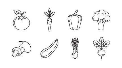 Collection of eight hand drawn vegetable silhouettes in a simple outline style silhouette