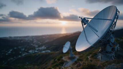 Modern satellite dishes in sharp close-up, positioned on hill, facing vast horizon, metallic reflections and scenic outdoor setting in soft focus