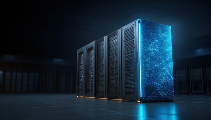 Advanced Data Center:  High-Tech Server Room with Illuminated Network