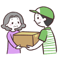 配達員から荷物を受け取るシニア女性のイラスト