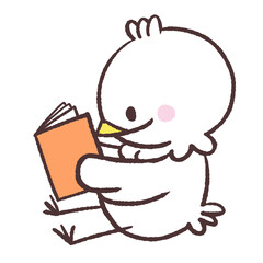 座って本を読む白い鳥のイラスト