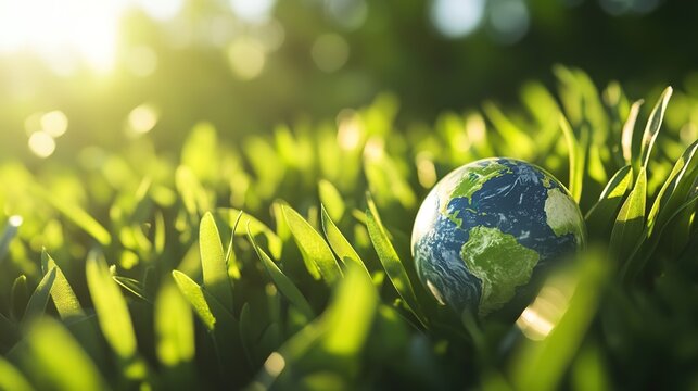 A small globe resting on lush green grass, symbolizing environmental awareness and global unity.