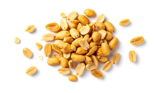 Golden Roasted Peanuts Delicious Snack on White Background Overhead View.