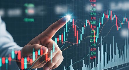 Stock Market Analysis with Candlestick Chart, Business Investment, Financial Data Visualization, Hand Pointing at Graph