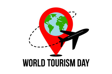 World tourism day vector illustration, airplane with location pin symbol, travel celebration design, global journey concept art, holiday theme graphics