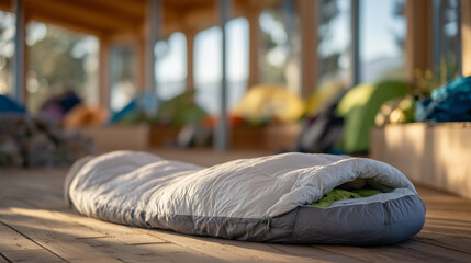 Sleeping bag unrolled on warm wooden floor, blurred companions in soft focus behind, sunlight streaming through windows, inviting indoor camp setting