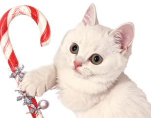 Ultra-detailed 8K PNG of a playful white kitten holding a striped candy cane, styled  847689