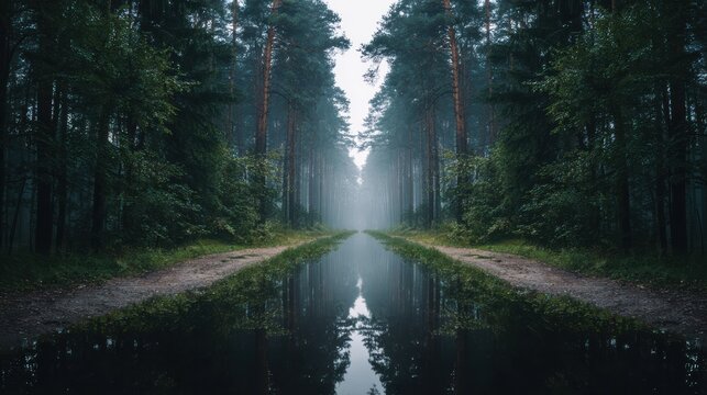 Misty forest road with tall pine trees and water reflections on a quiet path.