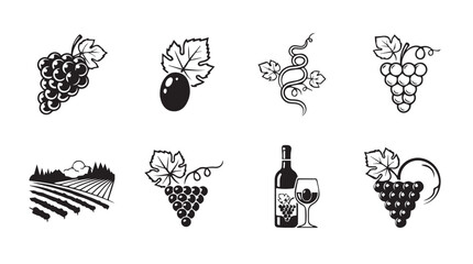 Collection of eight stylized grape and wine related silhouette illustrations silhouette