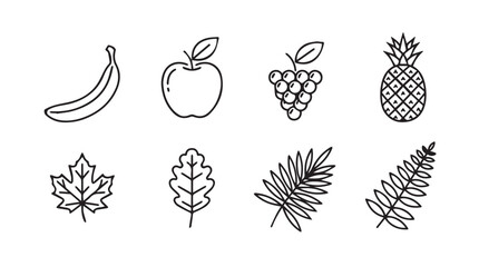 Collection of hand drawn fruit and leaf illustrations in a simple black silhouette style