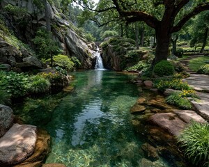 Naklejka premium A serene waterfall surrounded by lush greenery