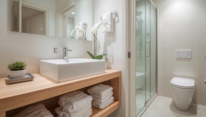 Modern bathroom design with white orchids, bright clean shower, sink and towels for spa or home