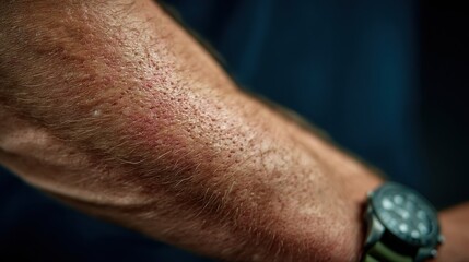 Fototapeta premium Close-Up of Human Arm Showing Skin Texture, Hair Follicles, Scabs, and Watch Fashion Accessory in Focus