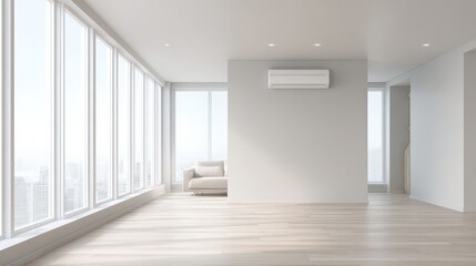 Bright, Spacious Modern Living Room with Large Windows and Air Conditioning Unit Rendering