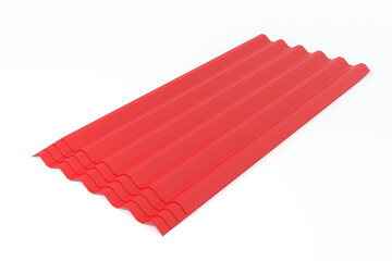 Red metal roofing sheets, industrial products, 3D rendering.