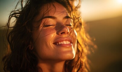 Golden Hour Serenity: A Woman's Joyful Embrace of Sunlight