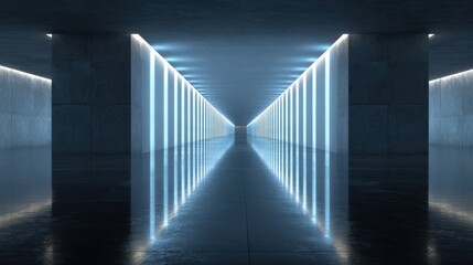 a futuristic concrete tunnel with strong perspective and vertical neon light strips on a dark reflective floor.