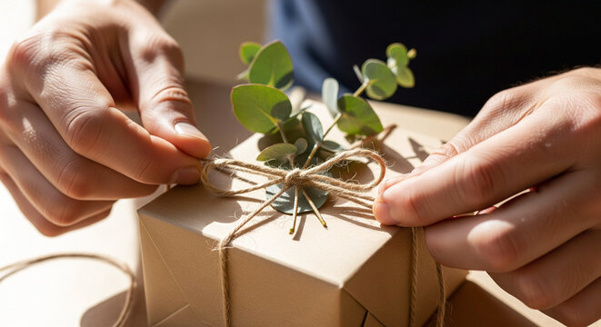 Hands Tying String and Greenery on a Kraft Paper Gift Box
