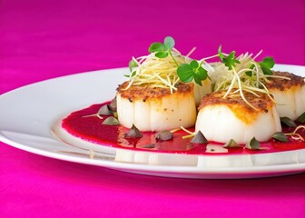 Sizzling seared scallops on a bed of microgreens with truffle oil drizzle and parmesan tuile