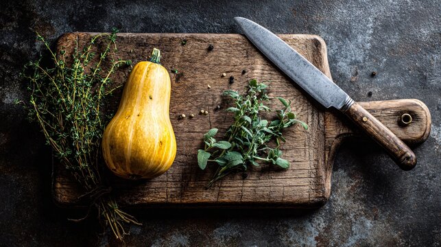 Flat lay of small cutting board with single squash and herbs, moody shadows