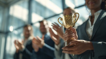 Successful Businesswoman Holding a Golden Trophy With Team Celebrating in Background, Symbolizing Achievement and Recognition
